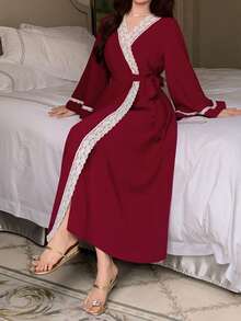 DAZY Bata larga de mujer con mangas acampanadas, encaje y parches de colores contrastantes, de estilo romántico primaveral - Rojo - Ver 6