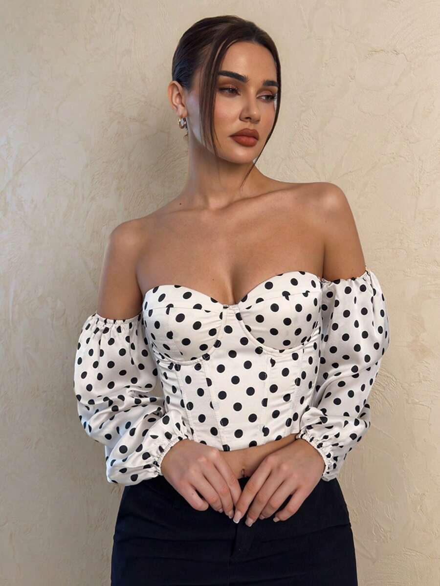 SHEIN Glamour Women's Elegant Off-Shoulder Floral Print Lantern Sleeve Cropped Top, Spring/Summer Ladies Blouse, Retro Graceful Ladies Top, Polka Dot Print Off-Shoulder Bust Cup Ladies Top - Apricot - View 1