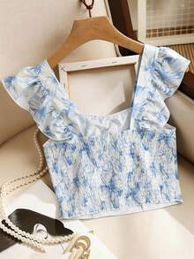 GlowEve 女士夏季新款度假风蓝白碎花印花短袖蝴蝶结衬衫 - 藍白色 - 查看 2