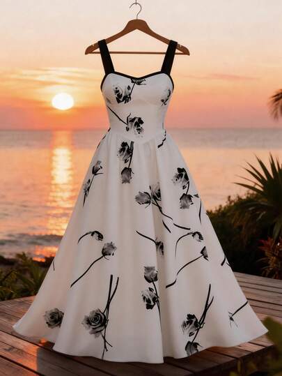 GlowEve Women's Black & White Watercolor Tulip Floral Print Sleeveless V-Neck Contrast Color Waist A-Line Elegant Charming Vacation Daily Casual Beach Commute Sexy Fashion Date French Street Retro Versatile Spring/Summer Apricot New Arrival Sleeveless Maxi Dress