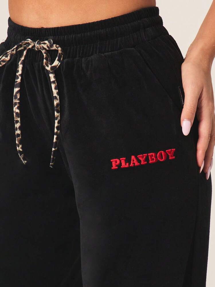 Missguided x Playboy Leopard Print Wide Leg Joggers With Drawstring Waist And Side Pockets For Comfortable Casual Everyday Loungewear