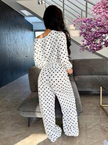 Vassilux Women's Polka Dot Oblique Shoulder Loose Sweatshirt And Sweatpants Set, Autumn/Winter,For Going Out Outfits, Streetwear, Y2K Clothes,Cozy Fall And Winter Clothes For Women - Black and White - View 2