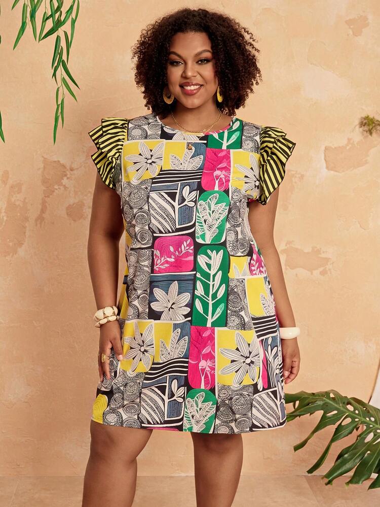 Plus Size Women Casual Vacation Plant Print & Striped Patchwork Cap Sleeve Dress,Plus Size Boho Dress Plus Size Summer Dresses For Women Plus Size Vacation Outfits Plus Size Resort Wear Plus Size Women's Summer Outfits Maweii Plus Size Dress Vacation Casual,Holiday Outfits For Women,Country Outfits For Women, Floral Dress For Women Women Casual Dresses Women's Summer Dresses Patchwork Dress For Women Women's Spring Dress Tropical Dress For Women African Print Dress Bubu Dress African