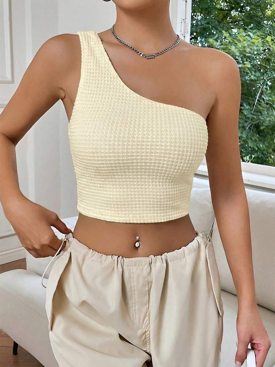 SHEIN EZwear Summer Top: Apricot-Colored One-Shoulder Knotted Crop Top - Apricot - View 1