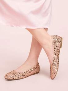 CUCCOO DOLLMOD Sepatu Balet Wanita Minimalis Berkilau Ujung Bulat yang Lucu, Bahan Payet, Cocok untuk Semua Musim dan Acara - Berwarna merah muda - View 3