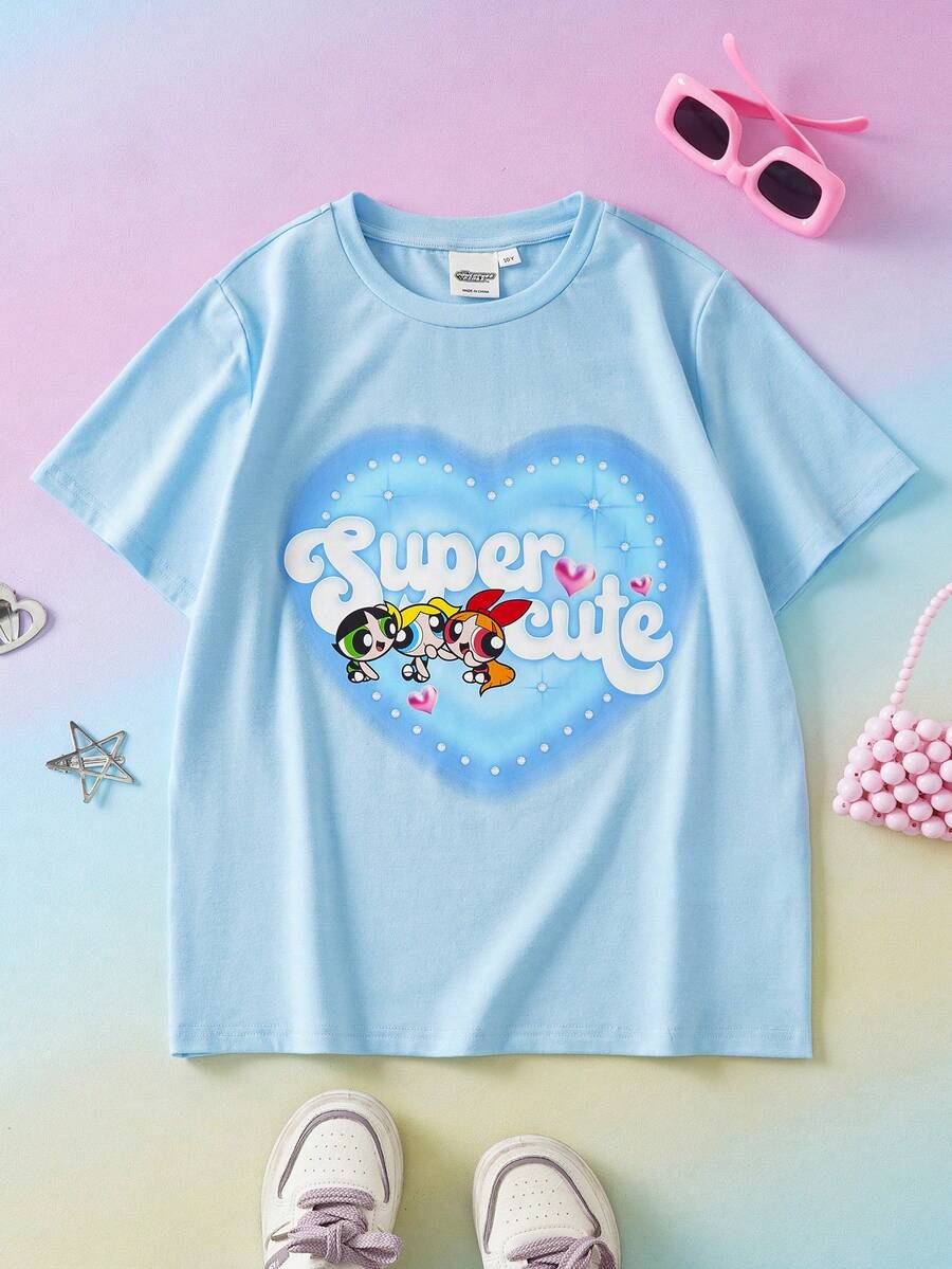 THE POWERPUFF GIRLS X SHEIN Tween Girls' Casual Cartoon Heart Print T-Shirt, Summer - Blue - View 1