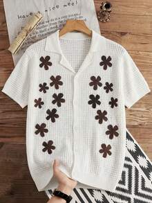 Manfinity RSRT Camisa de punto casual de manga corta con botones delanteros y estampado floral para hombres - Blanco - Ver 2