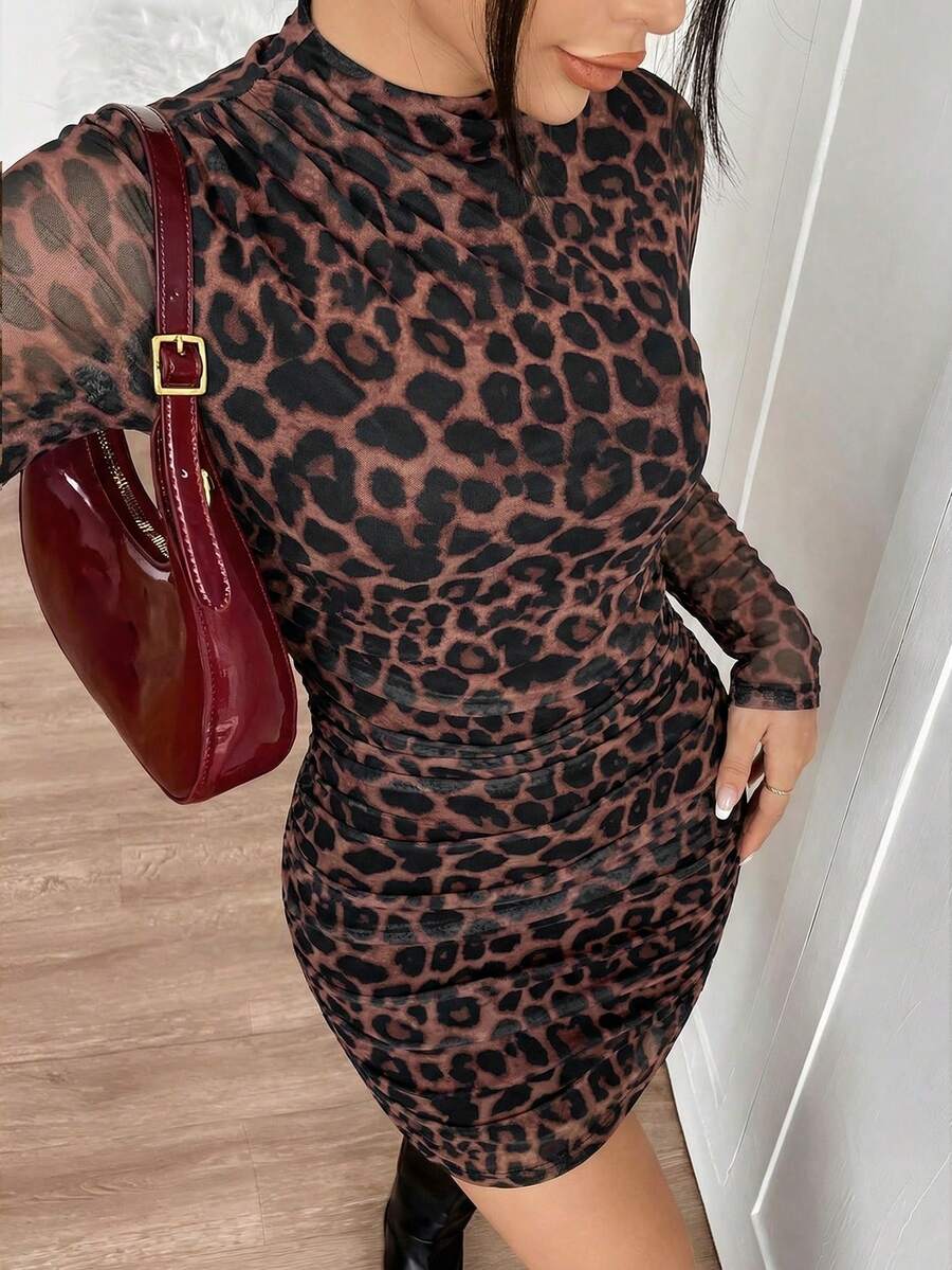 SHEIN EZwear Đầm ngắn lưới họa tiết da báo gợi cảm thời trang dành cho nữ - Rỉ Nâu - Xem 1