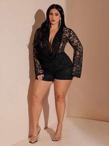 SHEIN BAE Plus Size Women's Lace Plunging Neckline Romper,Black Autumn Elegant Jumpsuit For Wedding Guest,Party,Vacation,Holiday,Music Festival Outfits - Black - View 4