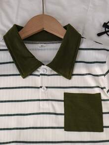 2pcs/Set Boys' Striped Polo Shirt And Cargo Shorts Set, Large Pockets Decor, Military Green, Spring/Summer - Army Green - View 6