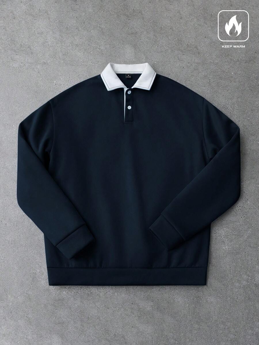 PAVTROS 宽松男士撞色领 Polo 衫长袖 Polo 衫橄榄球衫 Polo 衫橄榄球长袖男士秋冬装 - 藏蓝色 - 查看 1