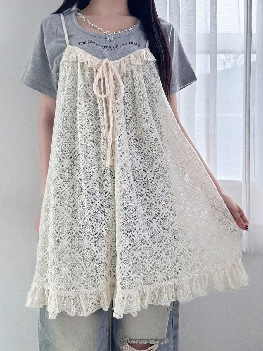 FRIFUL 女士系带蕾丝休闲百搭吊带背心,夏季款 - 米色 - 查看 1