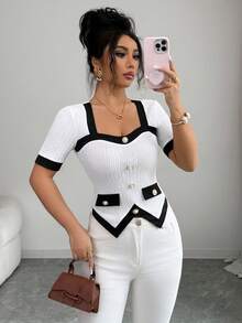 SHEIN Elenzya Women's Casual Patchwork Single-Breasted Short Sleeve T-Shirt, Versatile For Daily Wear - Black and White - View 4