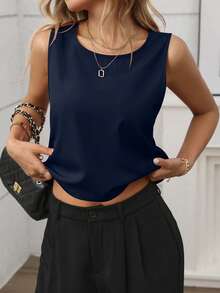 SHEIN LUNE Women's Solid Color Bow Decor Back Tank Top - Navy Blue - View 3