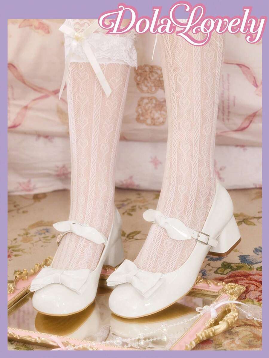 Dola Lovely 女士白色漆皮双蝴蝶结玛丽珍鞋,甜美洛丽塔风格,日常通勤百搭粗跟高跟女鞋 - 白色漆皮 - 查看 1