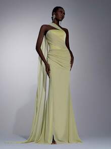 Elitara 优雅浪漫露肩奶油色缎面人字纹褶裥腰部荷叶边开衩下摆飘逸连衣裙，适合节日、婚礼、晚宴、音乐会、商务活动、网红活动等场合。 - 淡黃色 - 查看 5