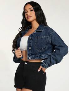 SHEIN PETITE Áo khoác denim nữ tay dài, cài một hàng khuy, dáng ngắn, phong cách thường ngày. - Rửa tối - Xem 4