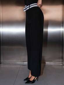 Bris Aura Black Asymmetrical Waistband Retro College Style Versatile Women Suit Pants Fall Clothes Business Casual Women Wide Leg Dress Pants - Black - View 3