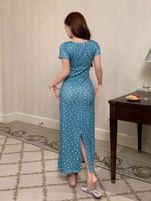 DAZY V-Neck Sweet Ditsy Floral Fitted Long Nightgown Dress, Women Summer Sleepwear - Baby Blue - View 2