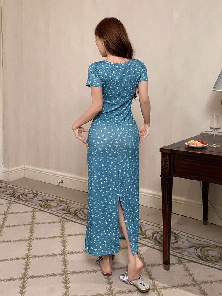V-Neck Sweet Ditsy Floral Fitted Long Nightgown Dress, Women Summer Sleepwear