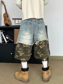 STEELVANCE Men Vintage Casual Loose Wide Leg Denim Shorts With Frayed Hem And Rivet Design, Versatile Street Style For Summer - Blue - View 7