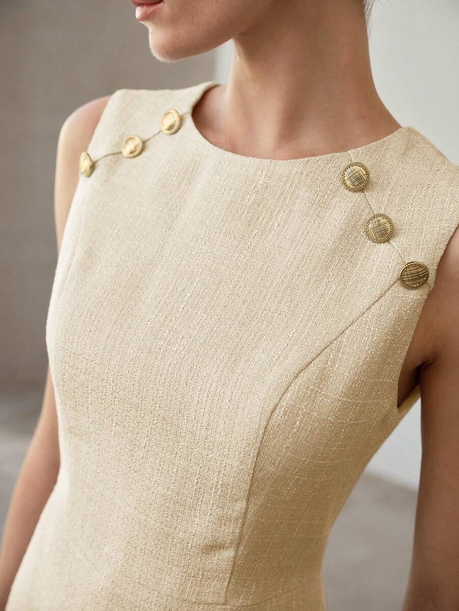 MOTF PREMIUM SPRING/SUMMER SLEEVELESS WAIST CINCHED ELEGANT MERMAID HEM METAL ACCENT MINI DRESS, GRACEFUL & SOPHISTICATED - Apricot - View 2
