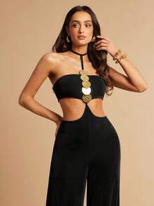 Silquee Women's Black Summer 70s Jumpsuit Gold Metallic Panels Backless Night Out Club Night Party Beach Club One-Piece Pants Loose Straps Leisure Travel Sexy - Black - View 6