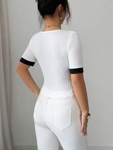 SHEIN Elenzya Women's Casual Patchwork Single-Breasted Short Sleeve T-Shirt, Versatile For Daily Wear - Black and White - View 2