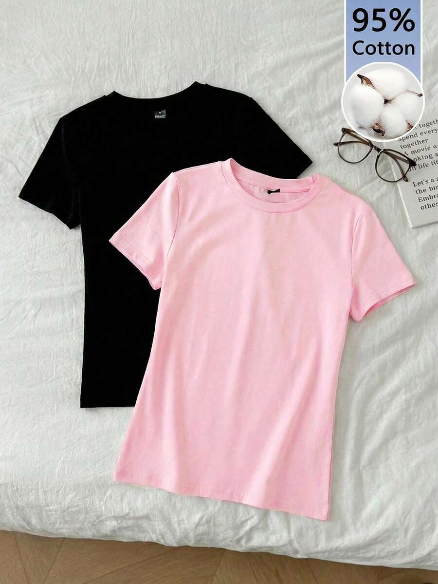 Tseoso Bộ 2 áo lót tay ngắn cổ tròn đơn giản, phong cách thường ngày, thích hợp cho mùa xuân/hè. - Nhiều màu - Xem 1