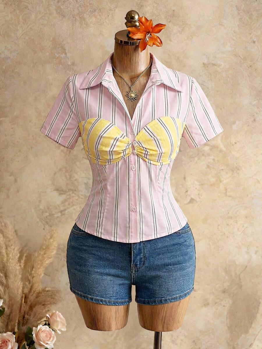 Mistrie 甜美少女风撞色条纹扭结露脐上衣,前襟纽扣,花瓣袖设计,修身剪裁,适合工作、约会、派对等多种场合,博主同款独特设计女式衬衫 - 彩色 - 查看 1