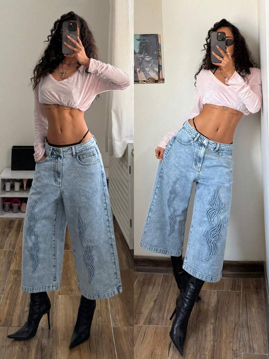 StreetHx Quần jeans ống rộng cạp thấp, dài đến 7/8, phong cách đường phố thường ngày, thời trang, rách nhẹ. - Rửa nhẹ - Xem 1