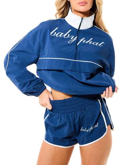 BABYPHAT Half Zip Cropped Windbreaker Jacket With Script Text White Piping Retro Sporty Style