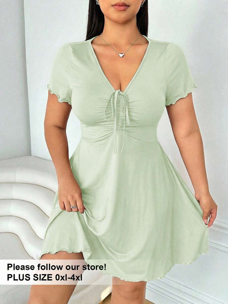 Solflare Plus Size Women's Valentine's Day Light Green V-Neck Front Drawstring Knot Dress - Mint Green - View 1