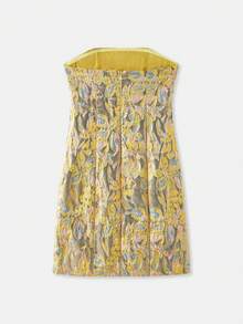 lacRébo Metallic Floral Jacquard Mini Dress With Contrast Bow Belt Chic Party Evening Dress Shiny Dress Premium Dress Spring Summer Brocade Jacquard Dress Yellow Dress Bandeau Dress  Dress Birthday Party Dress - Yellow - View 9