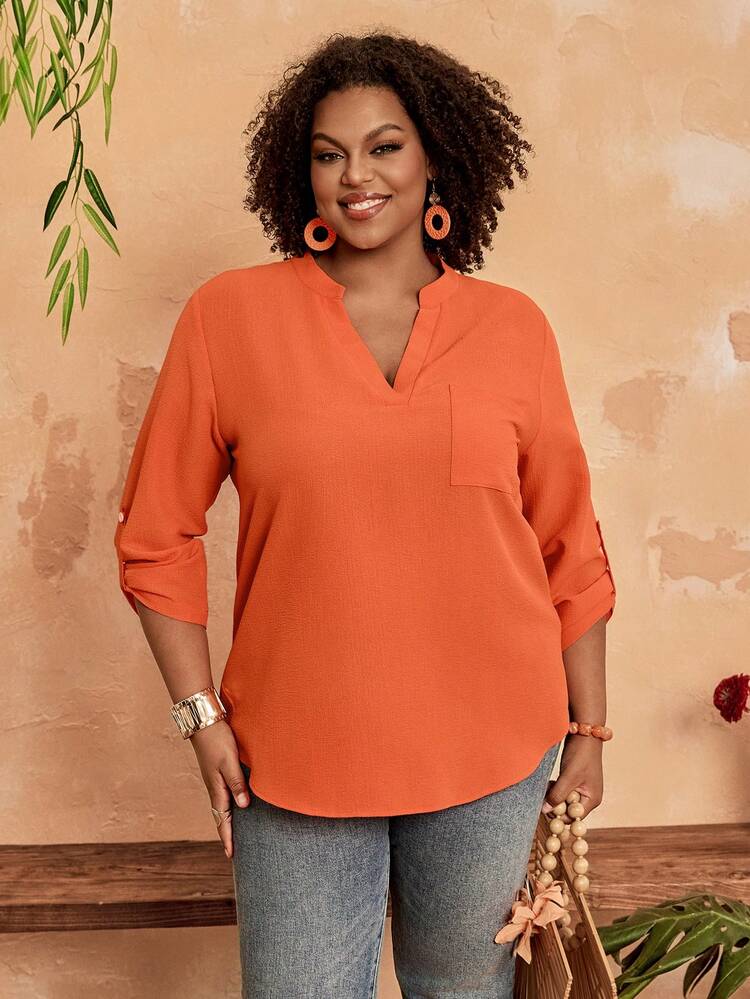 Plus Size Women's Bright Orange V-Neck Cuffed Sleeve Shirt,Spring Outfit Women Plus Size Work Tops Plus Size Summer Shirts Shirts For Women Plus Size Work Tops For Women Plus Curve Blouse Plus Size Shirts For Women Shirts For Women Curve Plus Size Tunic Blouse Plus Size Printed Tops,Holiday Outfits For Women,Country Outfits For Women Plus Size Tops For Women Women's Casual Blouses Blouse For Women Orange Blouse Women's Tops And Blouses Women's Shirts For Summer Women's Work Tops Plus Size Blouse Women Blouse For Women Casual Blouse Elegant