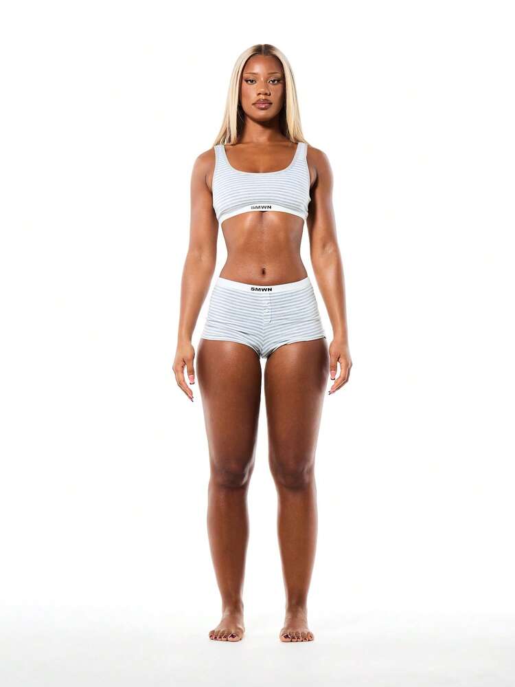 SUMWON WOMEN Calcinha Boyshort Listrada com Cós Estampado para Mulheres, Lingerie Íntima Confortável