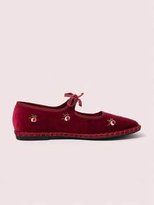 CUCCOO DOLLMOD Zapatos de mujer clásicos de terciopelo burdeos con bordado de flores y lazo Mary Jane planos - Burdeos - Ver 9