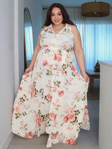 Pretty and Ole 大码女式优雅浪漫碎花 V 领长裙 - 彩色 - 查看 1
