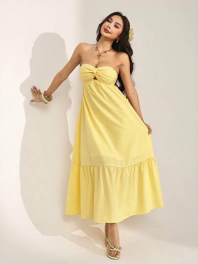 SHEIN PETITE Bohemian Style Long Strapless Dress, Sunflower Yellow Color, Spring/Summer,Butter Yellow Dress