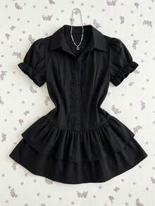 Elamini Vestido de mujer con cuello de encaje negro, parches y volantes en el bajo, manga abullonada ajustada, estilo universitario, versátil - Negro - Ver 4