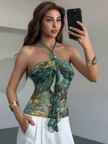 Aloruh 女士荷叶边系领百搭休闲上衣 - 藍色 - 查看 3