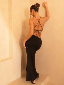 juhmazzocco 女士白色無背細肩帶緊身深V領長洋裝 - 黑色 - 查看 2