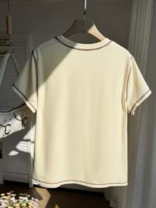 SHEIN EZwear 可爱小熊印花休闲短袖加大码T恤，春夏款 - 杏色 - 查看 2