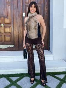 Hitanina Vacation Knit Lace High Waist Flare Pants For Women, See Through Pants, Elegant Style,Sxy, Night Out, Going Out, Halloween Costumes,Fall Winter - Coffee Brown - View 6