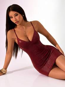 SHEIN PETITE Y2K Amplova 红色休闲派对连衣裙 婚礼宾客连衣裙 女士酒红色连衣裙 万圣节服装 蛇皮纹理亮面涂层紧身胸衣迷你连衣裙，女士派对连衣裙，女士派对礼服 - 酒紅色 - 查看 5