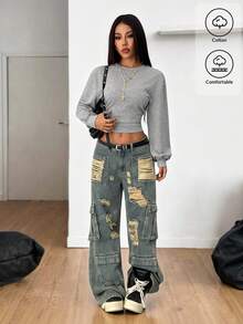 SHEIN PETITE Áo nỉ dài tay cổ lệch bất đối xứng xếp ly, màu trơn, dành cho mùa Thu/Hè và mùa Hè trở lại trường của Omen;S. - Xám - Xem 5