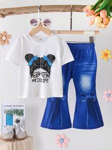 2pcs Baby Girl Fashion Minimalist Bow Leopard Print Glasses Letter Print Top And Bow Denim Effect Print Flare Pants Set, Suitable For Outings In Summer - Multicolor - View 6