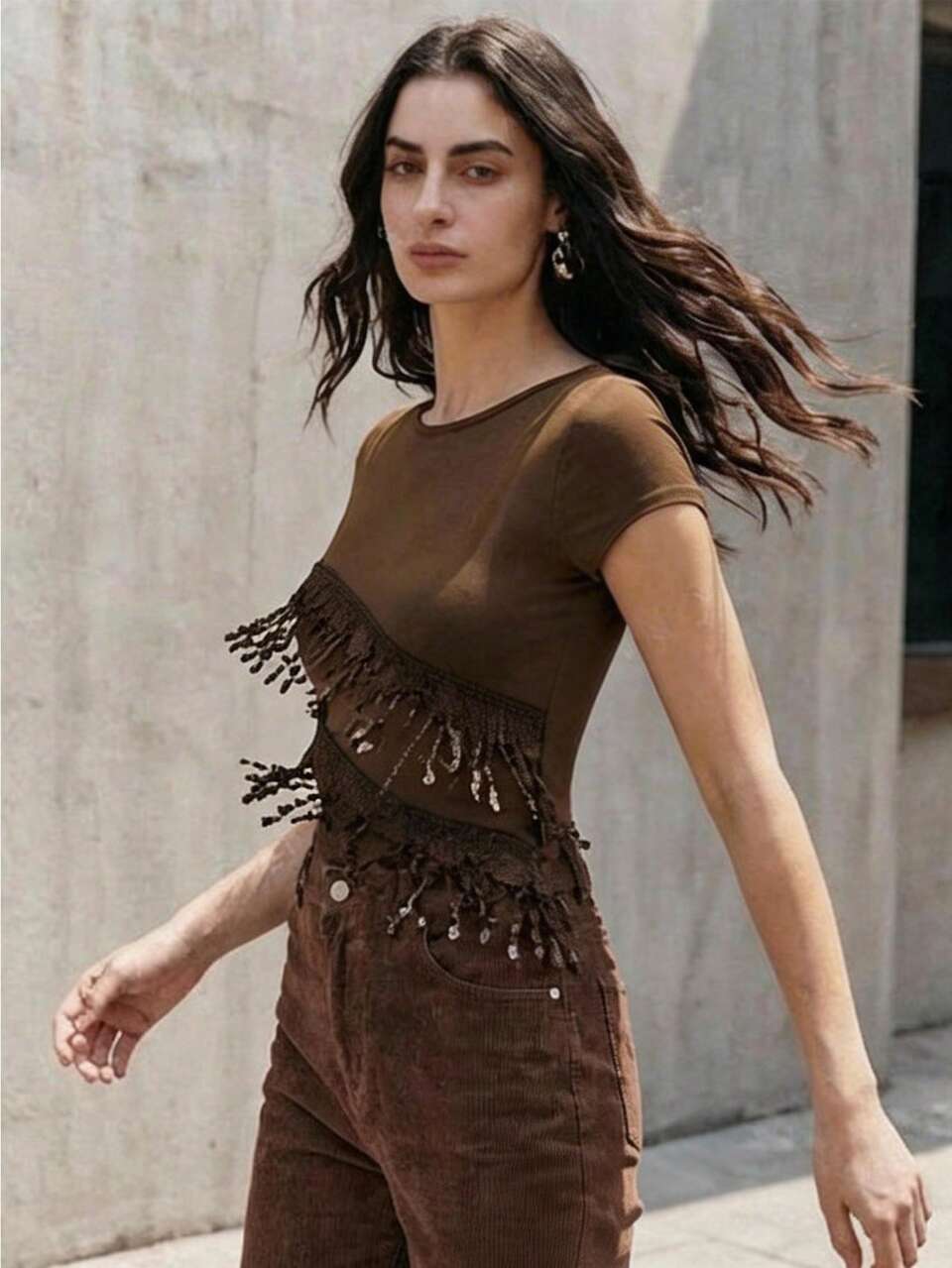 Anewsta Women's Summer, Luxury Khaki T-Shirt With Guipure Lace Trim, Versatile Fashionable T-Shirt, Casual