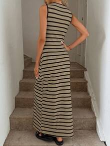 Easowa 黑白条纹修身开衩连衣裙，休闲、商务、度假皆宜，可爱夏日连衣裙，适合春、夏、秋、冬四季，返校季商务休闲女装外出穿搭，返校服装，教师装，奶油色连衣裙，优雅沙滩长裙 - Volcanic Gray - 查看 4