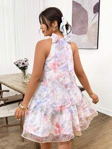 Lounesse 大码优雅女士连衣裙 珠光褶皱雪纺吊带蝴蝶结层叠蛋糕裙 - 彩色 - 查看 2